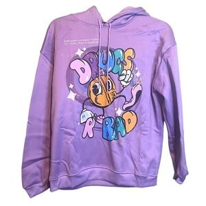 NWOT Maener‎ Womens Drugs R Bad Graphic Novelty Pullover Hoodie Purple Medium